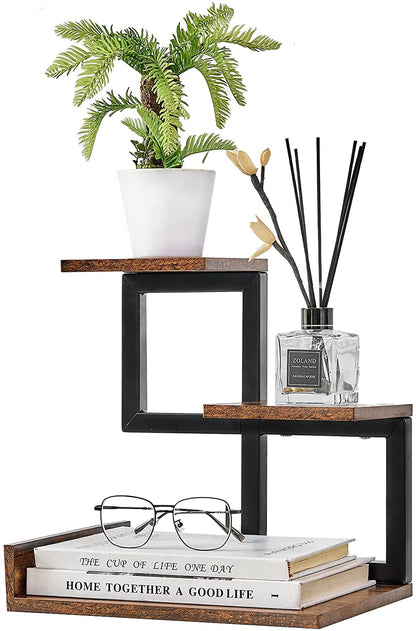 Gannyfer Wood Desktop Shelf - Freestanding Small Bookshelf Desk Supplies Organizers, 3 Tier Storage Display Rack Office Decor, Stand Shelves with Metal Frame for Books/Plants/Toys