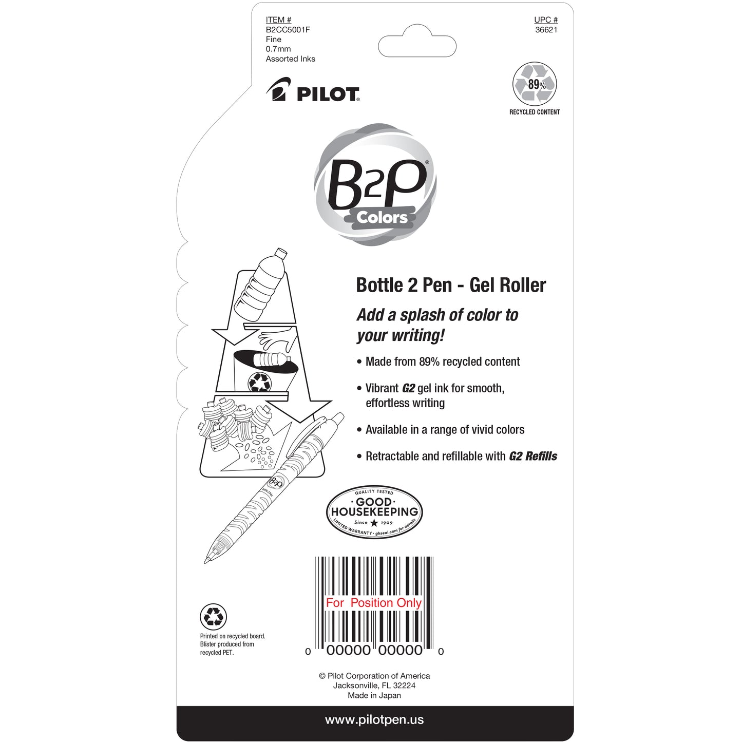 Pilot, PIL36621, Bottle to Pen (B2P) B2P BeGreen Fine Point Gel Pens, 5 / Pack