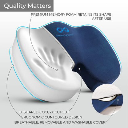 Everlasting Comfort Seat Cushion for Tailbone Pain Relief - Office Chair Cushion w/Premium ComfortFoam™ for All-Day Sitting Support - Coccyx, Sciatica Pain Relief Pillow for Desk Chair, Car Seat