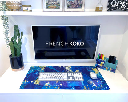 French KOKO PU Leather Desk Organizer Cute Pen Holder Office Pencil Holders Organizers Table Top Desktop Multifunction Accessories Women Kids Girls Children Work School Storage Supplies (marble blue)