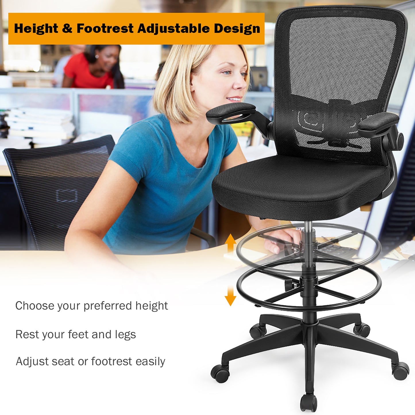 Costway Tall Office Chair Adjustable Height w/Lumbar Support Flip Up Arms