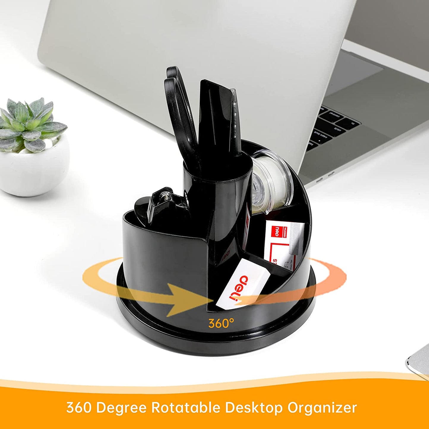 Deli Office Supplies Set, Desk Accessory Organizer Kit, Stapler Set, Rotating Multi-Functional Pen Holder, Tape Dispenser, Pens, Binder Clips, Sharpener, Scissor, Eraser, Black