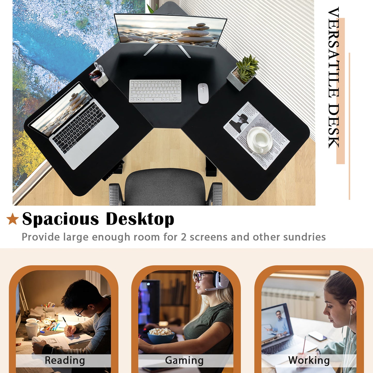 Costway L Shaped Electric Adjustable Standing Desk w/ Controller 2 Hooks Black
