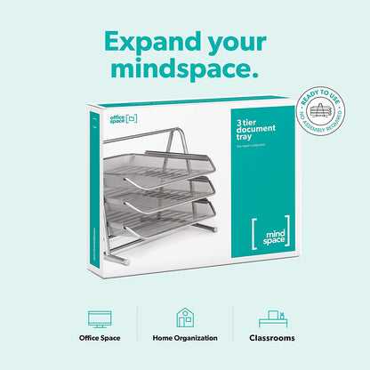 Mindspace Desk Organizer Paper Tray with 3 Tier Desktop File Organizer | Office Organizer & Stacking File Holder, Document Organization for Desk | The Mesh Collection, Black