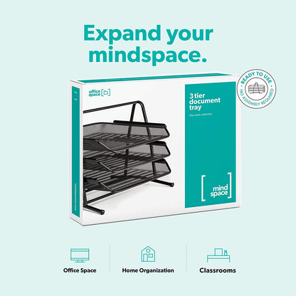 Mindspace Desk Organizer Paper Tray with 3 Tier Desktop File Organizer | Office Organizer & Stacking File Holder, Document Organization for Desk | The Mesh Collection, Black