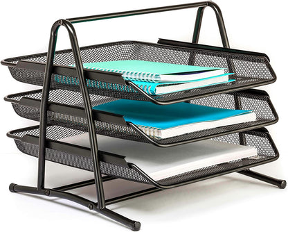 Mindspace Desk Organizer Paper Tray with 3 Tier Desktop File Organizer | Office Organizer & Stacking File Holder, Document Organization for Desk | The Mesh Collection, Black