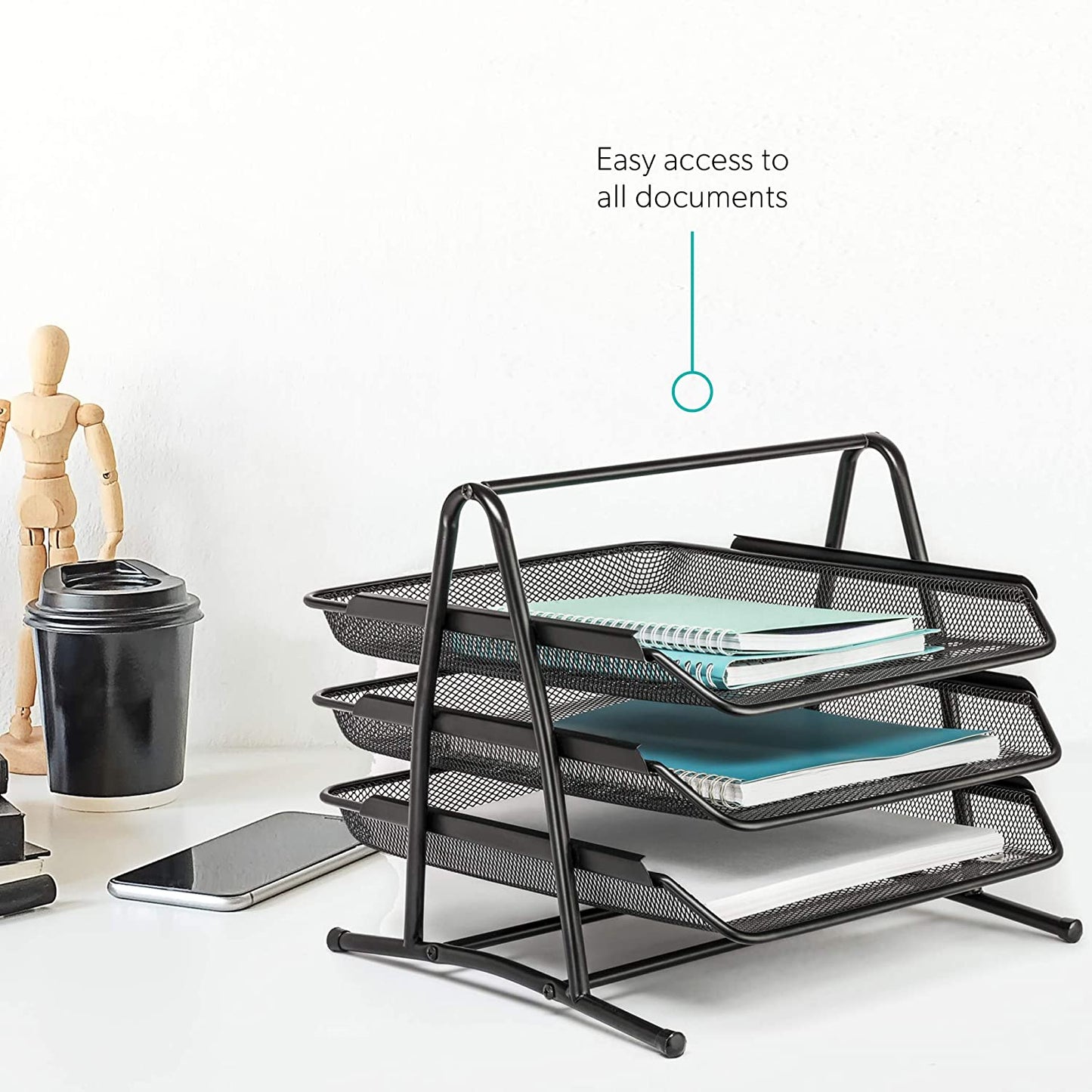 Mindspace Desk Organizer Paper Tray with 3 Tier Desktop File Organizer | Office Organizer & Stacking File Holder, Document Organization for Desk | The Mesh Collection, Black