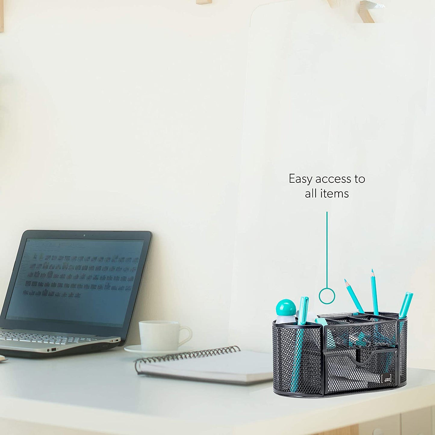 Mindspace Office Desk Organizer with 8 Compartments + Drawer | Desk Caddy Pen Holder For Office Accessories | The Mesh Collection, Black