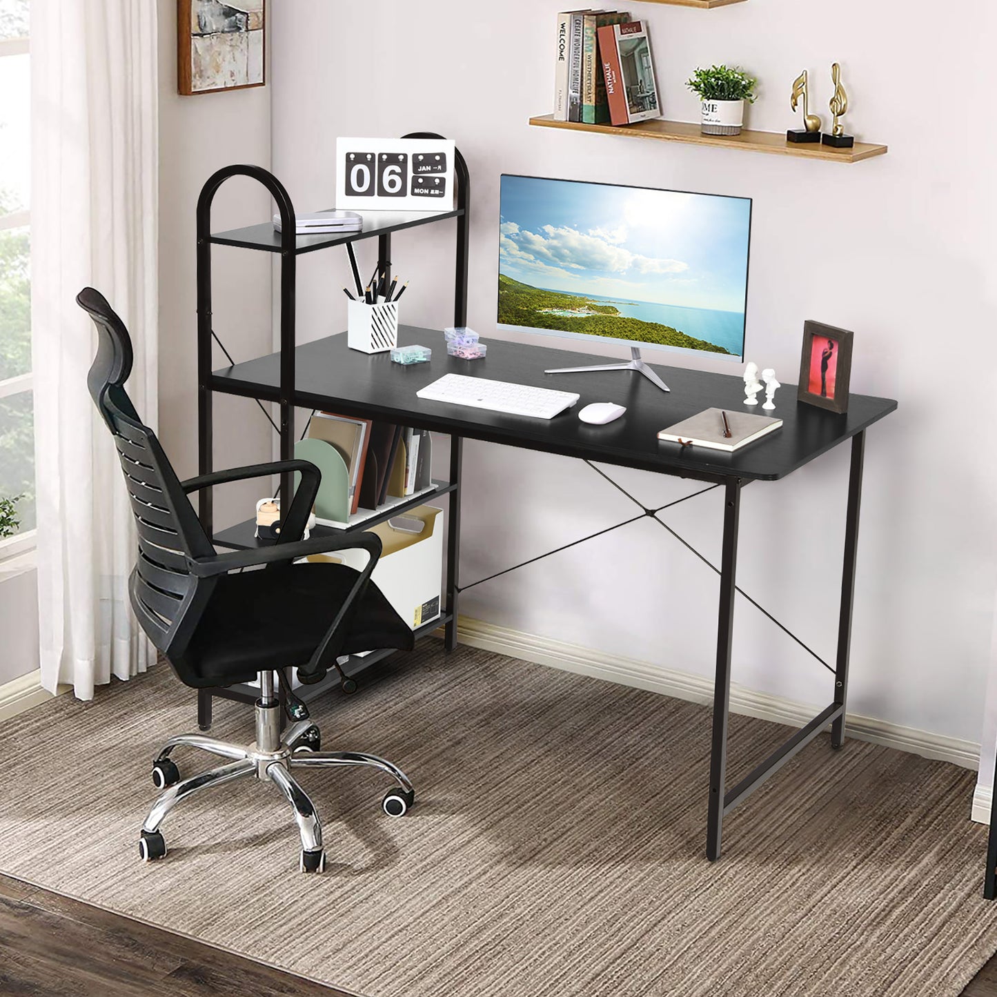 Costway 48'' Reversible Computer Desk Writing Table Workstation w/ Storage Shelf Black