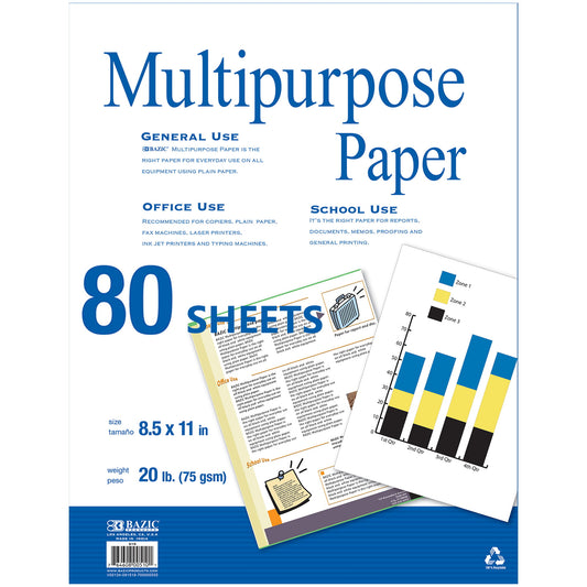BAZIC 80 Sheets 8.5" x 11" White Copy Paper Laser Printing (80/Pack), 1-Pack