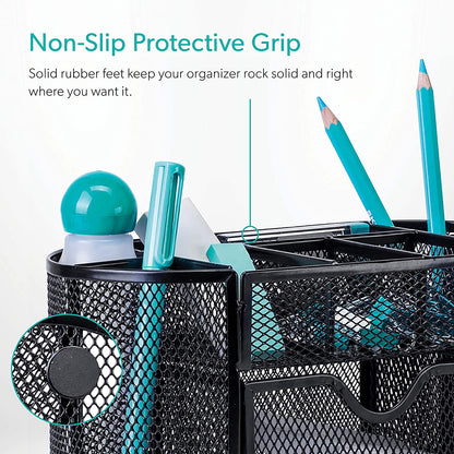 Mindspace Office Desk Organizer with 8 Compartments + Drawer | Desk Caddy Pen Holder For Office Accessories | The Mesh Collection, Black
