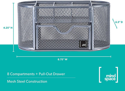 Mindspace Office Desk Organizer with 8 Compartments + Drawer | Desk Caddy Pen Holder For Office Accessories | The Mesh Collection, Black