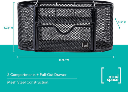 Mindspace Office Desk Organizer with 8 Compartments + Drawer | Desk Caddy Pen Holder For Office Accessories | The Mesh Collection, Black