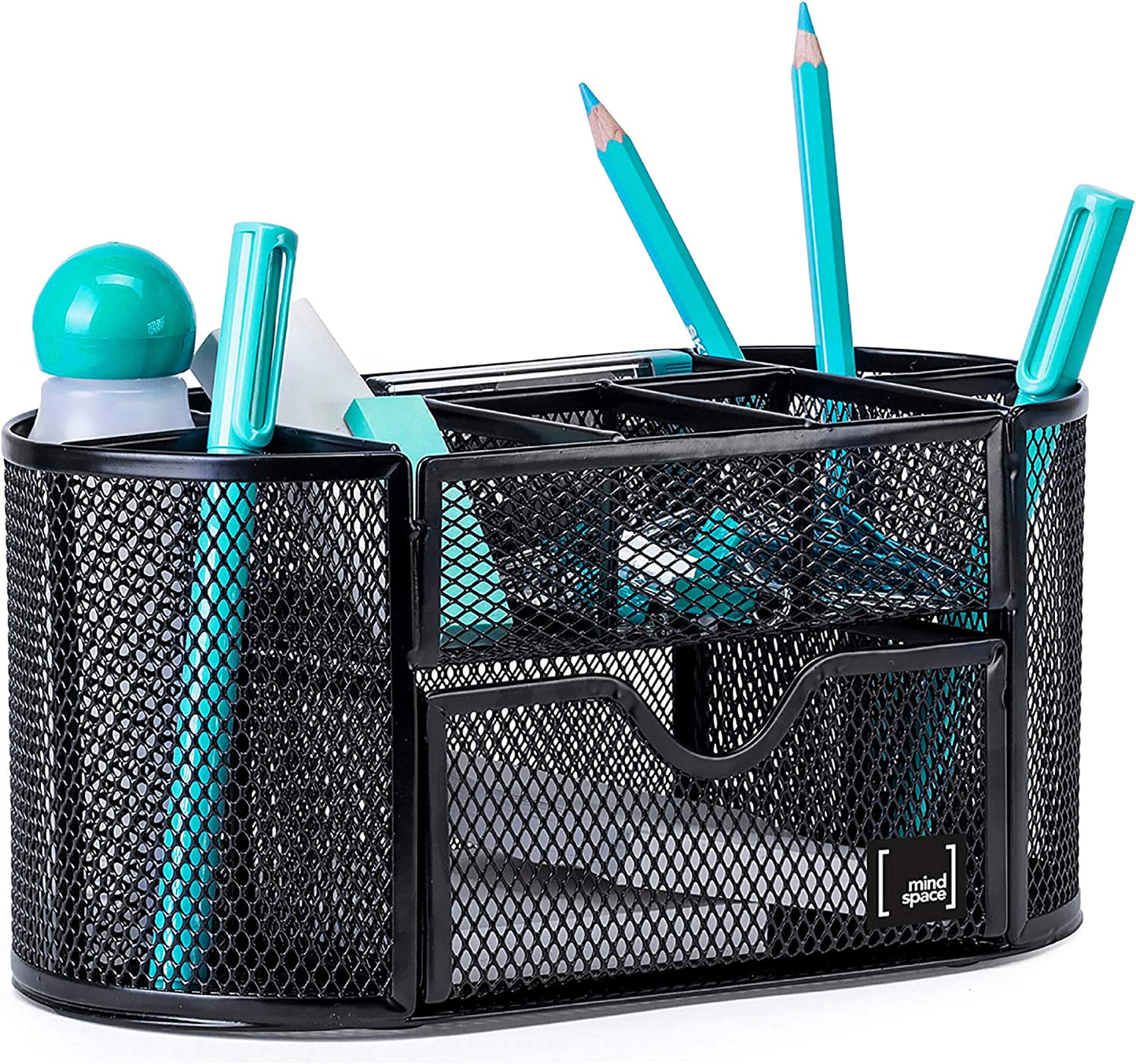 Mindspace Office Desk Organizer with 8 Compartments + Drawer | Desk Caddy Pen Holder For Office Accessories | The Mesh Collection, Black