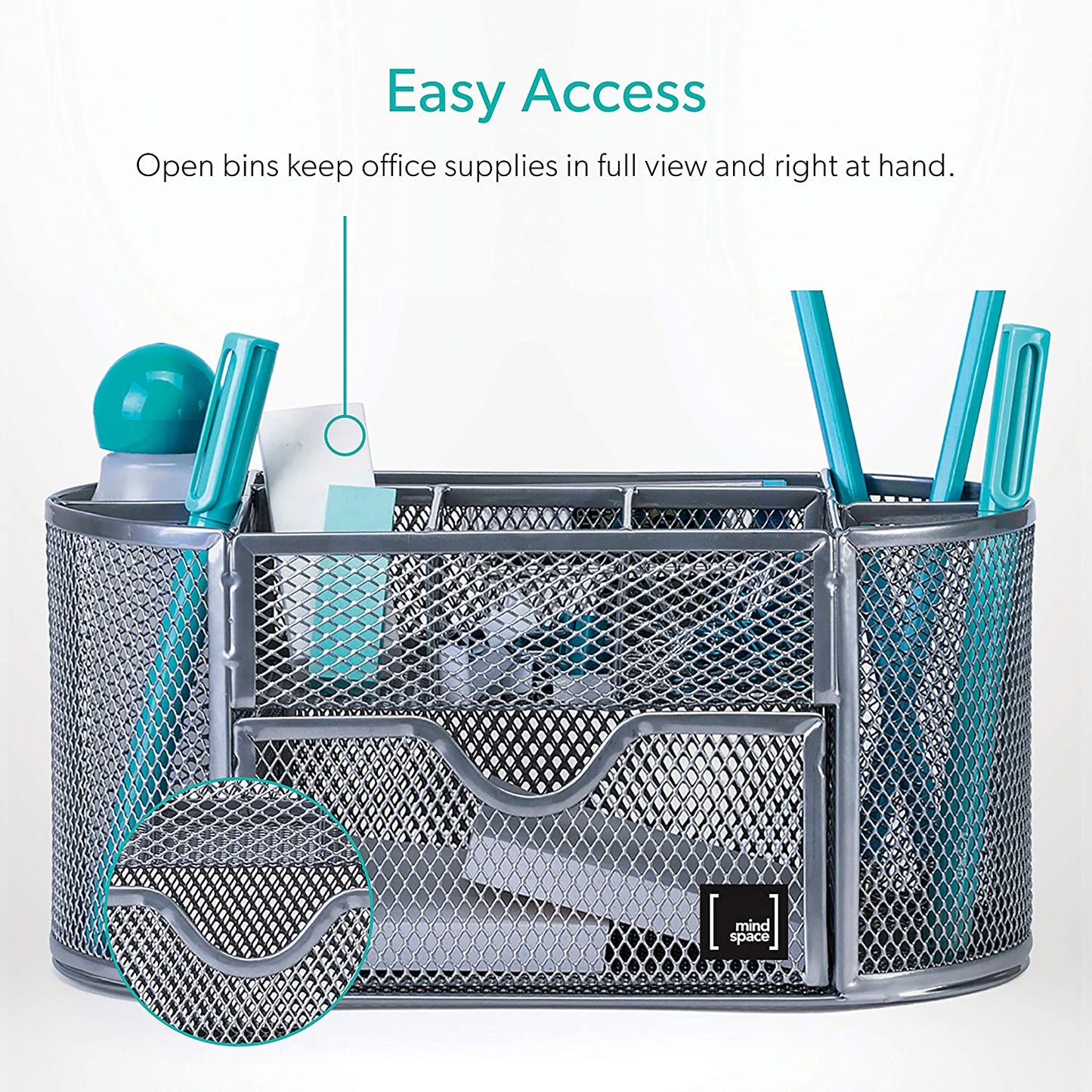 Mindspace Office Desk Organizer with 8 Compartments + Drawer | Desk Caddy Pen Holder For Office Accessories | The Mesh Collection, Black
