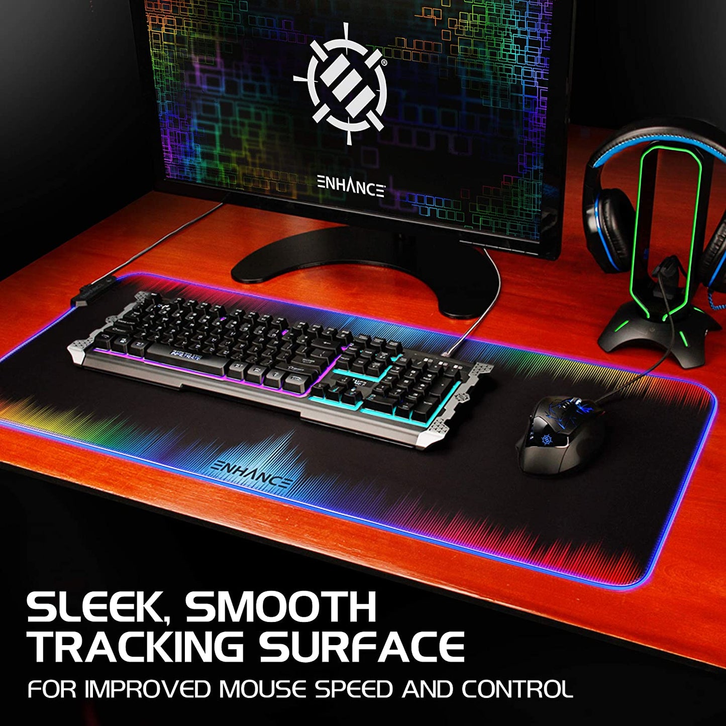 ENHANCE XXXL LED Computer Desk Mat - Illuminated 3XL Large Mouse Mat (48x24 Mouse Pad) Gaming Mouse Pad, Extended Table Desk Pad with Smooth Tracking Surface, and Non-Slip Rubber Grip - Galaxy