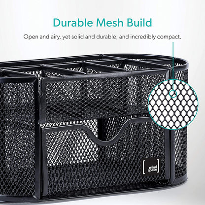 Mindspace Office Desk Organizer with 8 Compartments + Drawer | Desk Caddy Pen Holder For Office Accessories | The Mesh Collection, Black