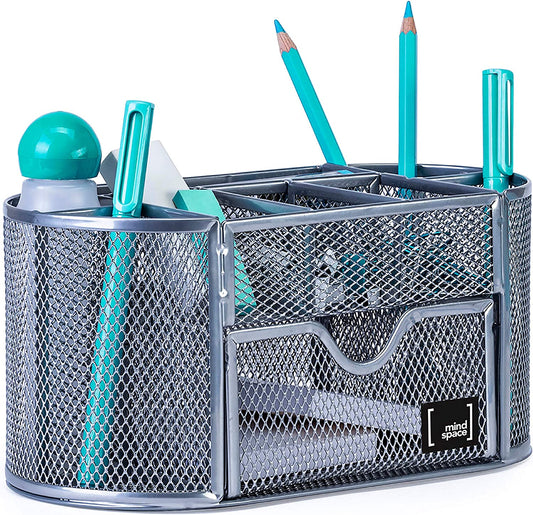 Mindspace Office Desk Organizer with 8 Compartments + Drawer | Desk Caddy Pen Holder For Office Accessories | The Mesh Collection, Black