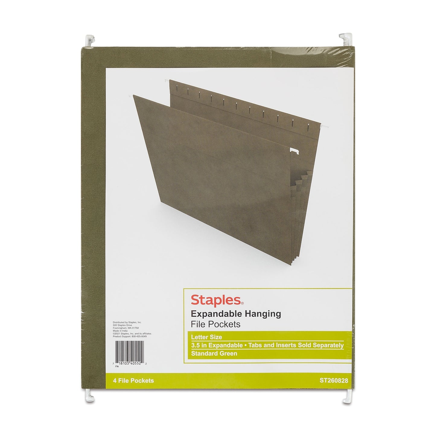 Staples Hanging File Folders 3-1/2" Expansion Ltr Gn 4/PK 260828