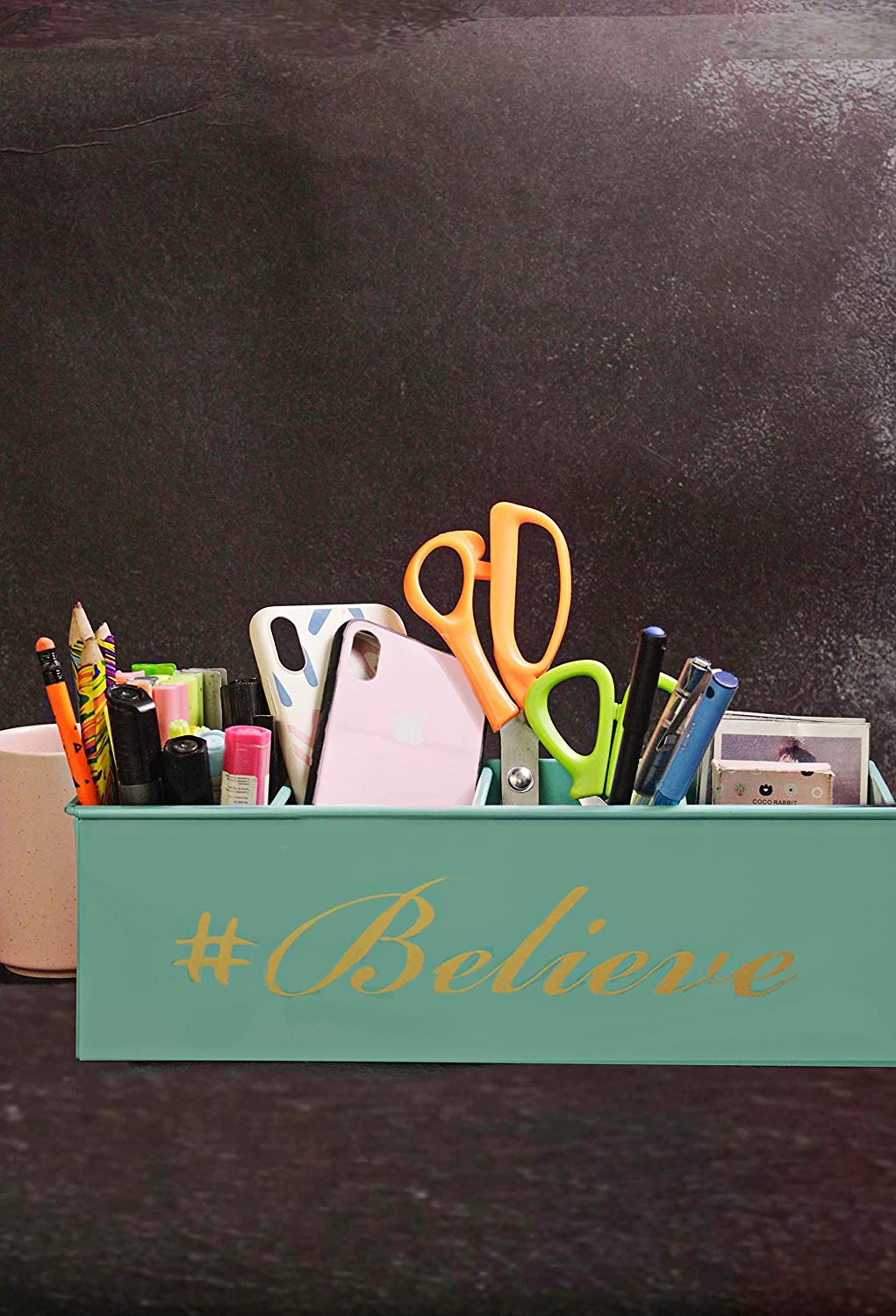 Dudki Believe Printed Desk Organizer Metal Decorative Pen Pencil Caddy Holder Storage Box For Desktop