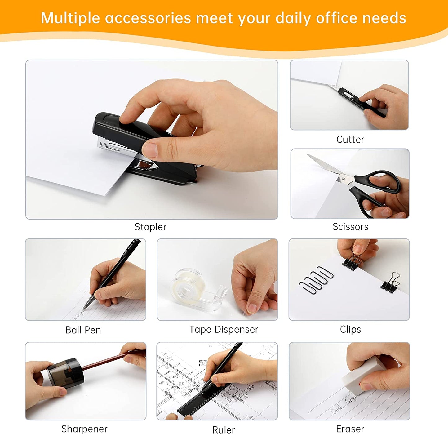 Deli Office Supplies Set, Desk Accessory Organizer Kit, Stapler Set, Rotating Multi-Functional Pen Holder, Tape Dispenser, Pens, Binder Clips, Sharpener, Scissor, Eraser, Black