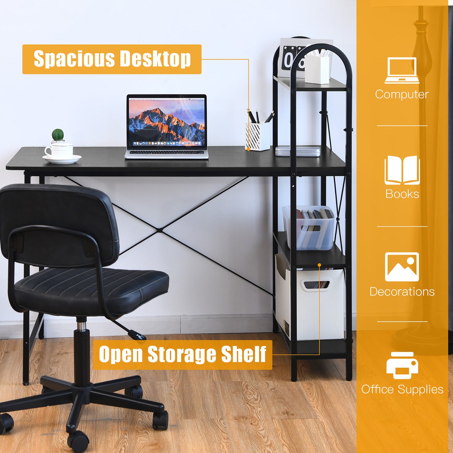 Costway 48'' Reversible Computer Desk Writing Table Workstation w/ Storage Shelf Black