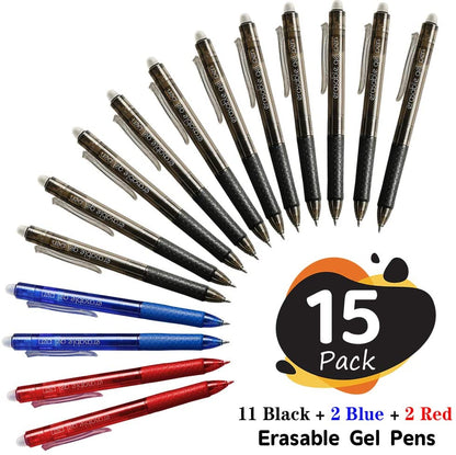 Erasable Gel Pens, 15 Pack Retractable Erasable Pens Clicker, Fine Point, Make Mistakes Disappear, 11 Black 2 Blue 2 Red Inks for Writing Planner and Crossword Puzzles