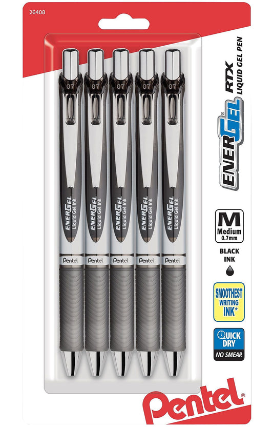 Pentel EnerGel RTX lqd jel Pen 0.7mm Black 5/Pack BL77BP5A