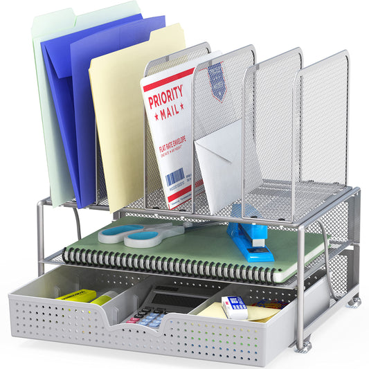 SimpleHouseware Mesh Desk Organizer with Sliding Drawer, Double Tray and 5 Upright Sections, Silver