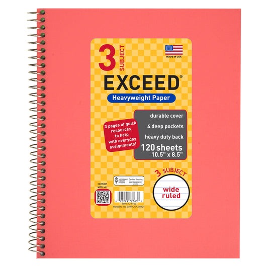 120 Count 3 Subject Pink Exceed Notebook, 10.5" x 8.5", Wide Ruled