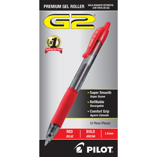 Pilot G2 Premium Retractable Gel Ink Rolling Ball Pen, Bold Point, Red Ink, 12 Count (31258)