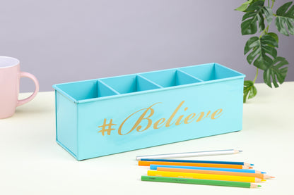 Dudki Believe Printed Desk Organizer Metal Decorative Pen Pencil Caddy Holder Storage Box For Desktop