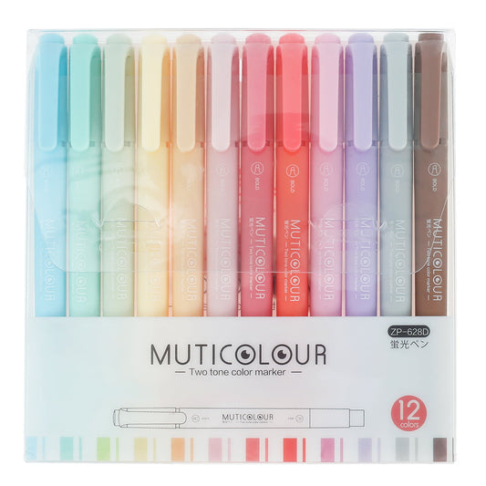 Protoiya 12pcs Highlighters and Markers with Double Nibs Assorted Colors Markers Pens Mild Colors Pastel Pens for School Office Classroom Gift for Teens Kids Students