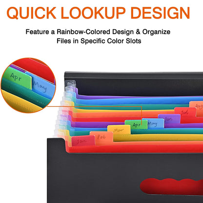 Maustic 12 Pockets Expanding File Folder,Black Desktop Accordion Folders Document Storage Organizer with Expandable Cover (A4/Letter Size)