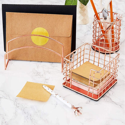 3-Pc Set Rose Gold Office Supplies Desk Organizer Sticky Note Pen Letter Holder