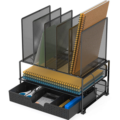 SimpleHouseware Mesh Desk Organizer with Sliding Drawer, Double Tray and 5 Upright Sections, Black