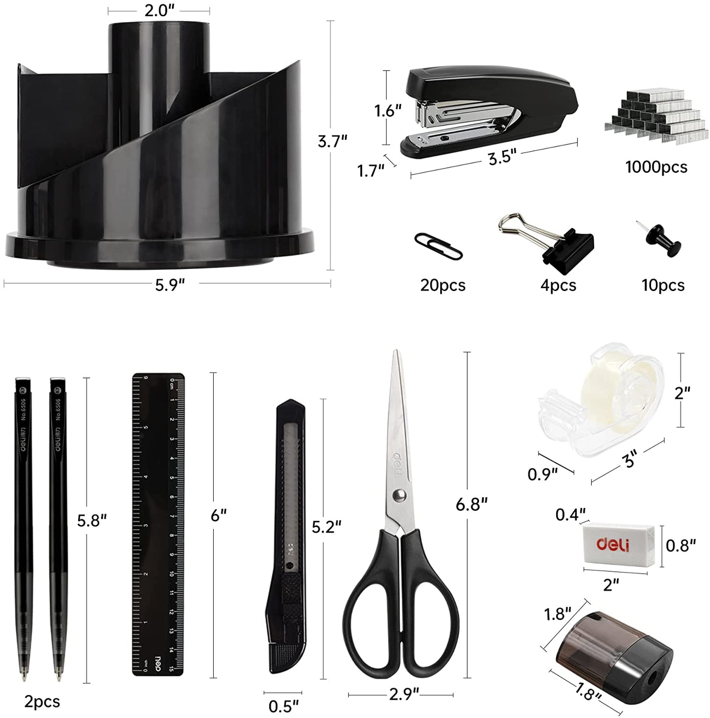 Deli Office Supplies Set, Desk Accessory Organizer Kit, Stapler Set, Rotating Multi-Functional Pen Holder, Tape Dispenser, Pens, Binder Clips, Sharpener, Scissor, Eraser, Black