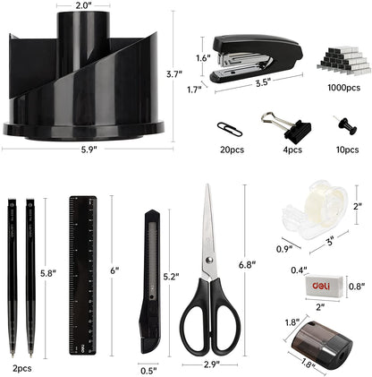 Deli Office Supplies Set, Desk Accessory Organizer Kit, Stapler Set, Rotating Multi-Functional Pen Holder, Tape Dispenser, Pens, Binder Clips, Sharpener, Scissor, Eraser, Black